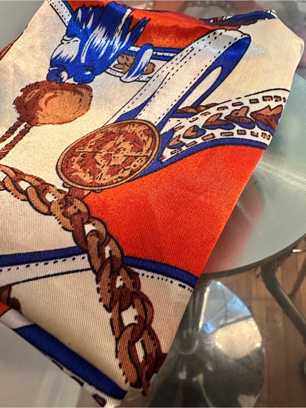 Vintage Blue and Orange Decorative Silk-Feel Scarf with Chain Print